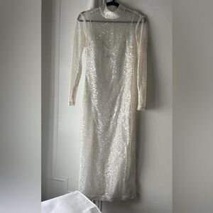 STAUD White Sequin Sheer Long Sleeve Maxi Dress